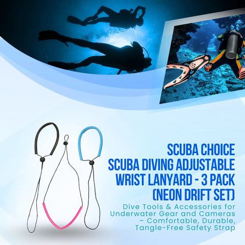 Neon Drift 3 Pack Adjustable Wrist Lanyard For Scuba Gear And Camera Accessories, displayed with silhouettes of divers.