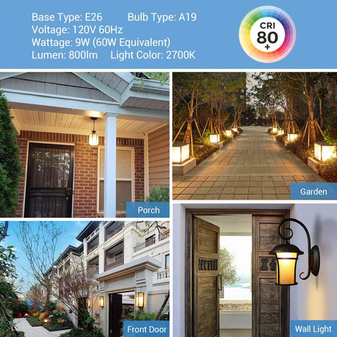 Outdoor Dusk To Dawn LED A19 Light Bulbs Pack 9W 60W Equivalent 2700K Warm White 800 Lumens E26 Base Auto On Off Sensor No Fuss Porch Courtyard Backyard UL Listed Weather Ready