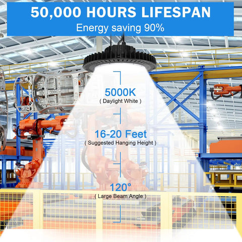 240W UFO High Bay LED Light in industrial setting, highlighting 5000K daylight, 120° beam angle, 16-20 ft hang height