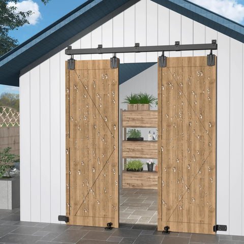 8ft Beefy Box Rail Exterior Barn Door Hardware Kit, installed on two wooden sliding doors, outdoor setup