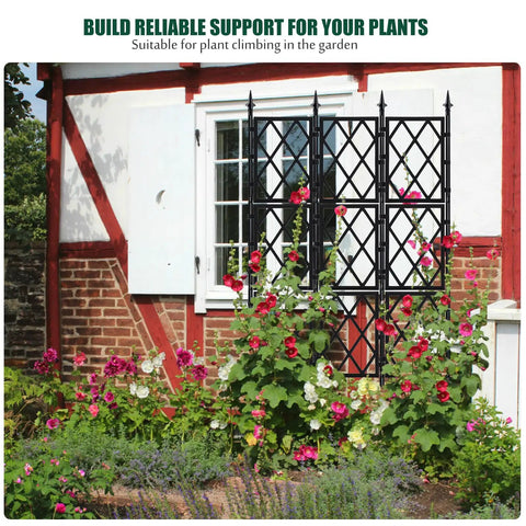 Tall 5.25 Ft Garden Trellis Iron Pipe Metal Plant Support for Climbing Ivy and Roses attached to outdoor wall with flowers