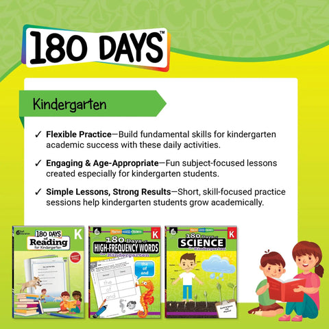 Social Studies For Kindergarten Daily Practice Workbook with kid-friendly 180 days activities cover image and book samples.