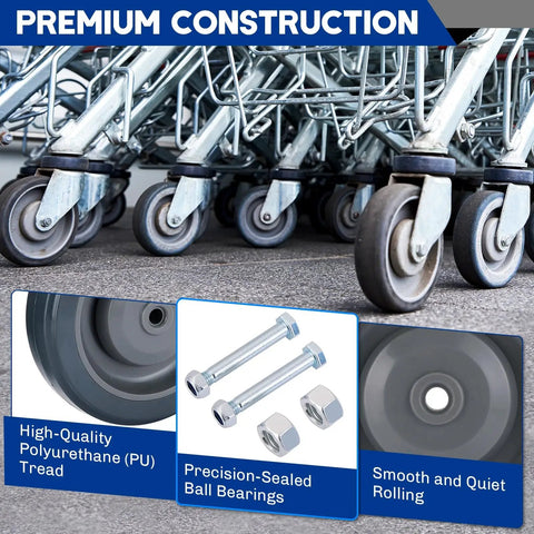 Heavy Duty Eight Pack Five Inch Polyurethane Shopping Cart Replacement Wheels No Sweat Setup For Utility Carts Rolls Super Smooth With Included Hardware And Lock Nuts, showcasing wheels and hardware.