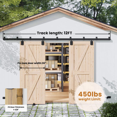 Outdoor Ready 12 Foot Exterior Sliding Barn Door Hardware Kit Box Rail Track For Outdoor Use Beefy Built To Last Heavy Duty Wall Mount System Supports Up To 450 Pounds Fits Double 36 Inch Doors Galvanized Coated For Weather Tough Performance installed on a white barn.