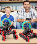 Father and son playing with RC Stunt Remote Control Car For Kids With Gesture Control And Dual Mode Play Climbing Crawling Tank Style