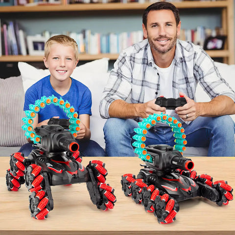 Father and son playing with RC Stunt Remote Control Car For Kids With Gesture Control And Dual Mode Play Climbing Crawling Tank Style