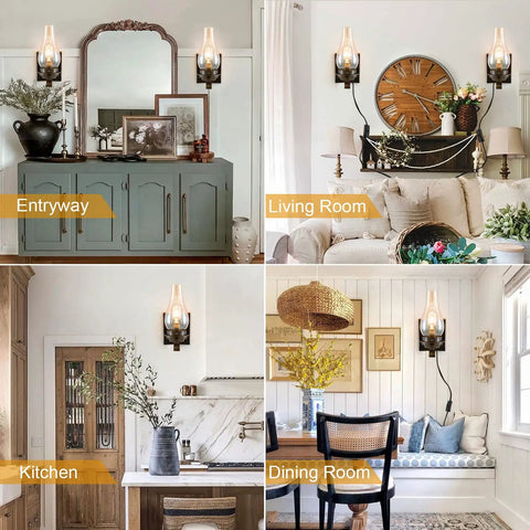 Totally Solid Plug In Oil Rubbed Bronze Wall Sconce Featuring Hand Painted Kerosene Lamp Silhouette And Warm Glowing Amber Glass in various room settings.