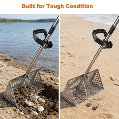 Beach Sand Rake Set With Detachable 52 Inch Handle And 16 Inch Mesh Screen, Stainless Steel Sifting Shells and Coins on Beach