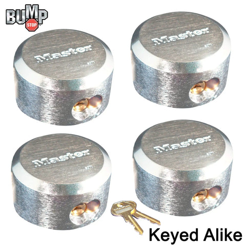 Four Pro Series Hidden Shackle Padlocks Keyed Alike With Eight Keys 6271NKA-4 BumpStop Technology, zinc body, and keys visible