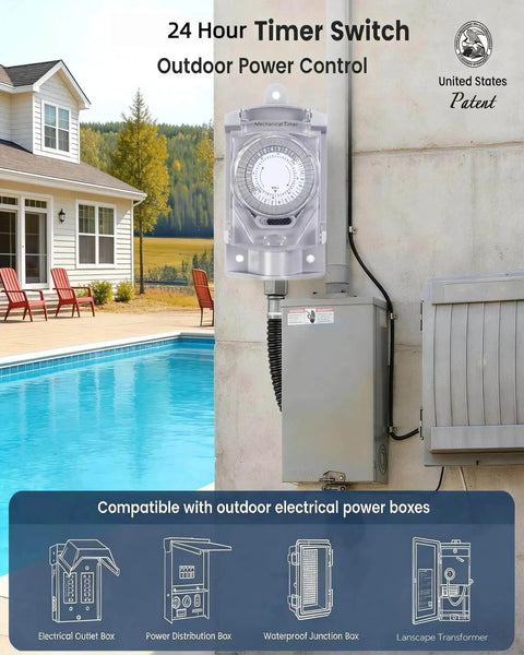 Straight Up Tough Outdoor Mechanical Timer Switch 24 Hour With 30 Minute Intervals For Backyard Lighting And Power Boxes on wall.