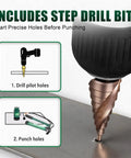 Step drill bit included in Fifteen Ton Heavy Duty Hydraulic Knockout Punch Kit One Half Inch To Four Inch Type D Punch And Die Set