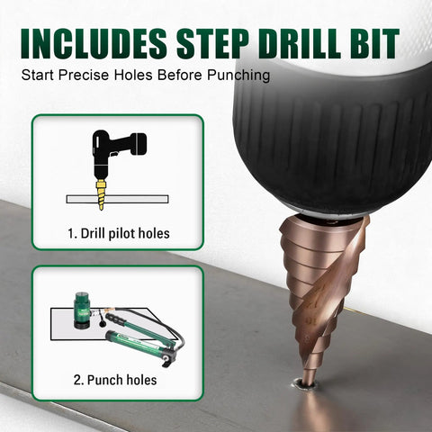 Step drill bit included in Fifteen Ton Heavy Duty Hydraulic Knockout Punch Kit One Half Inch To Four Inch Type D Punch And Die Set