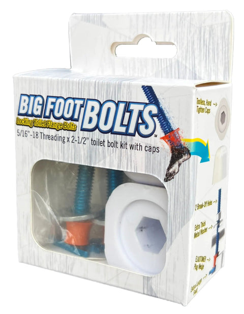 Hella Secure 5 16 Thread Toilet Bolt Kit With Durable Rubber Wedge Seals And Easy Hand Tight Caps That Grip Flanges Firmly For A Smooth No Slippage Bathroom Install packaging with blue bolts.