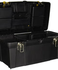 Heavy Duty 19 Inch Tool Box With Removable Tray And Lid Storage Sturdy Metal Clasps Built To Last Steel Build 10 Inch High By 19 Inch Wide By 10 Inch Deep Perfect For Tools And Small Parts Sweet Garage Or Workshop Organizer, open