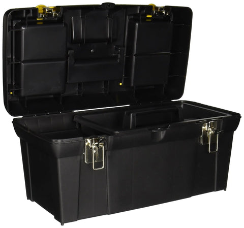 Heavy Duty 19 Inch Tool Box With Removable Tray And Lid Storage Sturdy Metal Clasps Built To Last Steel Build 10 Inch High By 19 Inch Wide By 10 Inch Deep Perfect For Tools And Small Parts Sweet Garage Or Workshop Organizer, open