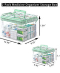 Grab And Go See Through Medicine Storage Box Set With Lids 2 Pack Portable First Aid Organizer With Handle Stackable Medical Supply Storage For Family Home Office Bathroom Bedroom Green, clear plastic, 12.99 x 9.45 x 7.09 in