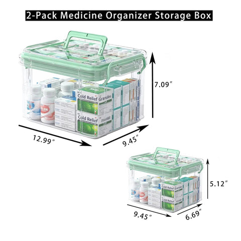 Grab And Go See Through Medicine Storage Box Set With Lids 2 Pack Portable First Aid Organizer With Handle Stackable Medical Supply Storage For Family Home Office Bathroom Bedroom Green, clear plastic, 12.99 x 9.45 x 7.09 in