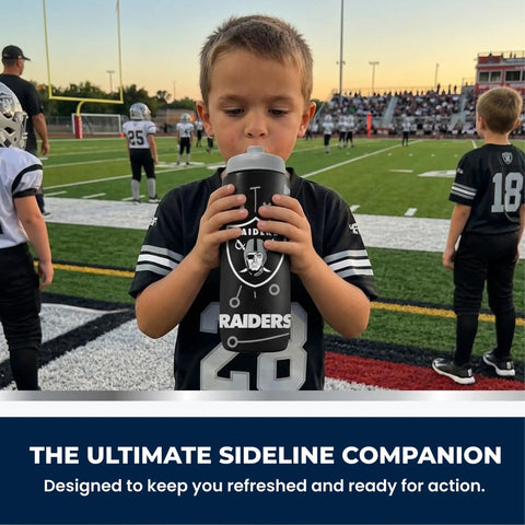 Child holding NFL Football Squeeze Bottle 32 Ounce Hydration Bottle For Sports Kids And Adults Easy Squeeze Design Dallas Cowboys Fan Favorite