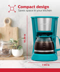 5 Cup Drip Coffee Maker In Teal, Compact Brew Boss for Home Office or Dorm, displayed on a kitchen counter with a glass carafe.