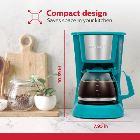 5 Cup Drip Coffee Maker In Teal, Compact Brew Boss for Home Office or Dorm, displayed on a kitchen counter with a glass carafe.