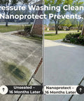 Before and after comparison of driveway showing stains on unsealed concrete vs. clean concrete sealed with Pro Level Penetrating Concrete And Stone Sealant For Indoor Or Outdoor Areas Long Haul Water Repellent Defense For Driveways Patios And Pavers Deep Soak Formula That Shuts Down Stains And Keeps Your Pavement Pristine All Season.