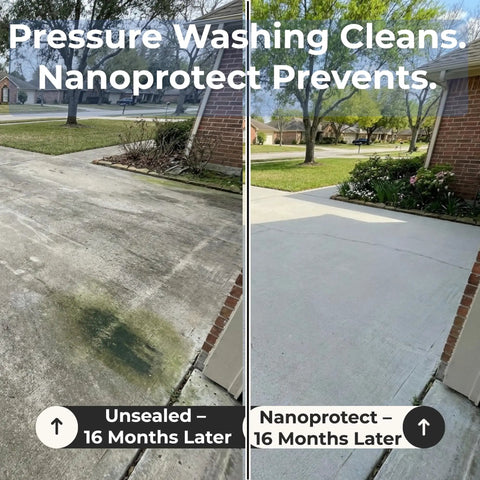 Before and after comparison of driveway showing stains on unsealed concrete vs. clean concrete sealed with Pro Level Penetrating Concrete And Stone Sealant For Indoor Or Outdoor Areas Long Haul Water Repellent Defense For Driveways Patios And Pavers Deep Soak Formula That Shuts Down Stains And Keeps Your Pavement Pristine All Season.