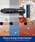 Smart Cordless Wet And Dry Vacuum Mop Combo Cleans Hard Floors Without Breaking A Sweat And Sweeps Up Stubborn Pet Hair Like A Boss With Auto Sensor Tech And Crisp Digital Screen showing Tineco iLoop Smart Sensor and cleaning performance across various surfaces.