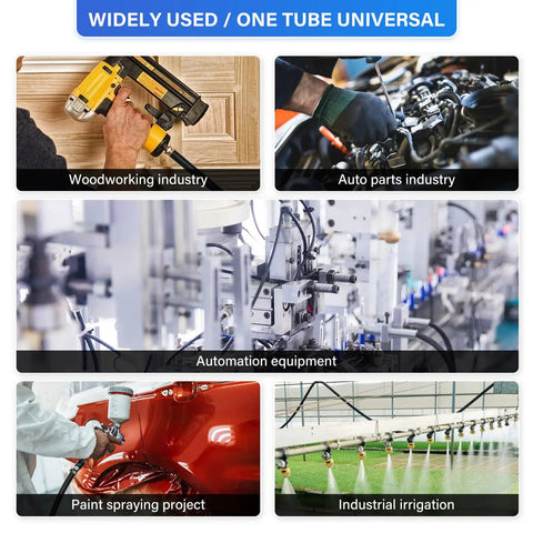 Image showing various applications of the 3/8 Inch OD PU Air Tubing Kit 10 Meter Length 27-Piece Pneumatic Fittings in different industries.