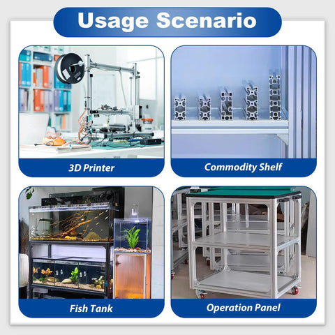 Usage scenarios for All-in-One M5 T-Nuts and Screws Kit: 3D Printer, Commodity Shelf, Fish Tank, Operation Panel