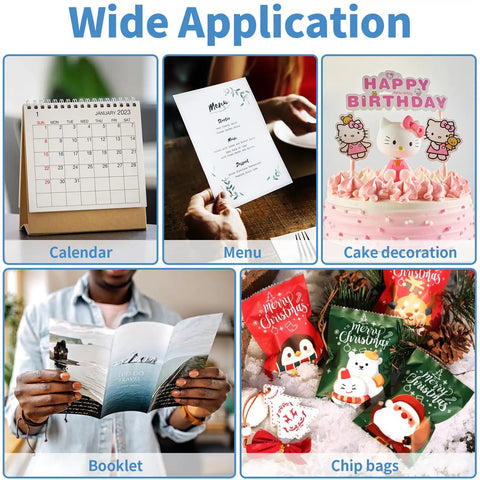Wide application of glossy photo paper for calendars, menus, cake decorations, booklets, and chip bags.
