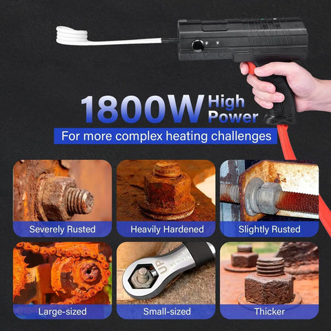 Straight Up 1800W Magnetic Induction Heater With Split Body, showing usage with different rusted bolt sizes and conditions.