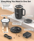 Rechargeable Self Heating Coffee Mug With Adjustable Temperature Control And Charging Base 16 Oz components including USB-C base and filter.