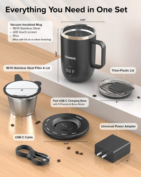 Rechargeable Self Heating Coffee Mug With Adjustable Temperature Control And Charging Base 16 Oz components including USB-C base and filter.
