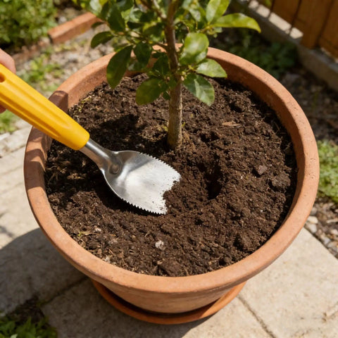 Nine Inch Serrated Edge Weeding Trowel With Stainless Steel Blade And Comfy Grip Handle used for digging soil in pot.