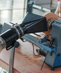 Premium Woodturning Dust Extraction Hood Featuring Flexible Rubber Cuff Universal Mount For Lathes And Turning Tools on lathe with rubber cuff.