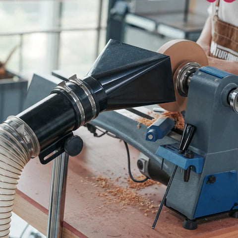 Premium Woodturning Dust Extraction Hood Featuring Flexible Rubber Cuff Universal Mount For Lathes And Turning Tools on lathe with rubber cuff.