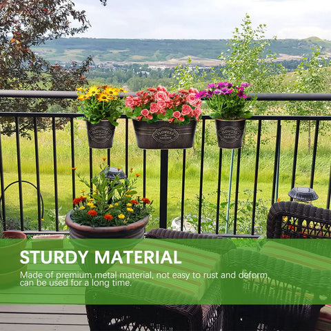 3 Pack Metal Railing Planter Boxes For Outdoors With 10.6 Inch Hanging Pots, Detachable Hooks And Drainage Holes on balcony