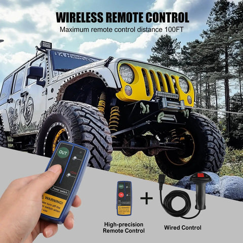 Heavy Duty 13500lbs Electric Winch With Wireless Remote 12V System And Stainless Steel Cable For Truck Trailer Jeep 4WD Off Road Recovery And Towing Jobs with wireless remote control.