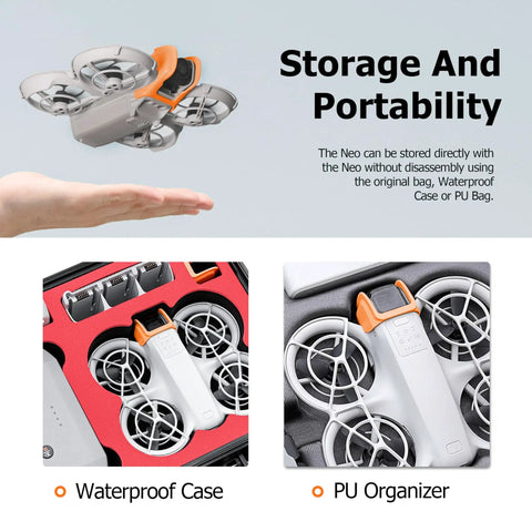 Neo Drone in mid-air with detachable gimbal protector, waterproof case, and PU organizer showing storage options.