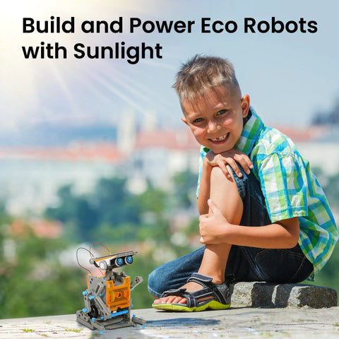 Boy sitting outdoors with 12 In 1 Solar Robot Building Kit For Kids And Teens Aged 8 To 13 Hands On STEM Toy Powered By The Sun