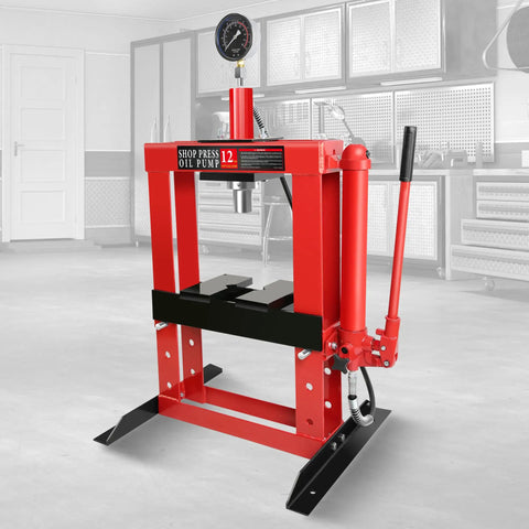 Heavy Duty 12 Ton Hydraulic H Frame Shop Press For Garage Floor And Benchtop Use With Adjustable Bed Stamping Plates Pressure Gauge And Manual Hand Pump Red