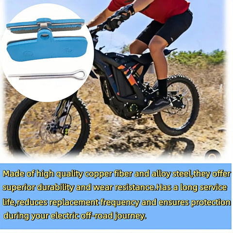 Blue 4 Pack Disc Brake Pads for Surron Segway Talaria Dirt Bikes next to off-road electric bike rider with focus on pads.