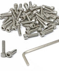 Premium Grade Fifty Pack 304 Stainless Steel Hex Socket Head Cap Screws 10 24 X Three Quarter Inch with hex key in view.