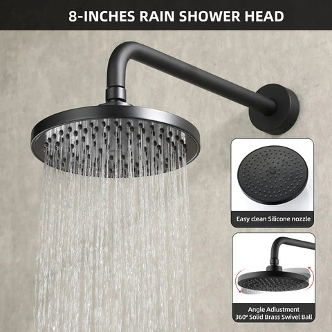 Black Shower Faucet Set With Tub Spout No Fuss Dual Function Trim Kit 8 Inch Rain Shower Head Wall Mounted Rainfall System Includes Rough In Valve And Pressure Balance Ceramic Cartridge spraying water