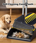 Heavy Duty Broom And Dustpan Set With Extended Handle For Fast Outdoor Cleanup built tough on wood floor with pet hair and debris.