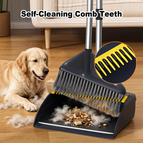 Heavy Duty Broom And Dustpan Set With Extended Handle For Fast Outdoor Cleanup built tough on wood floor with pet hair and debris.
