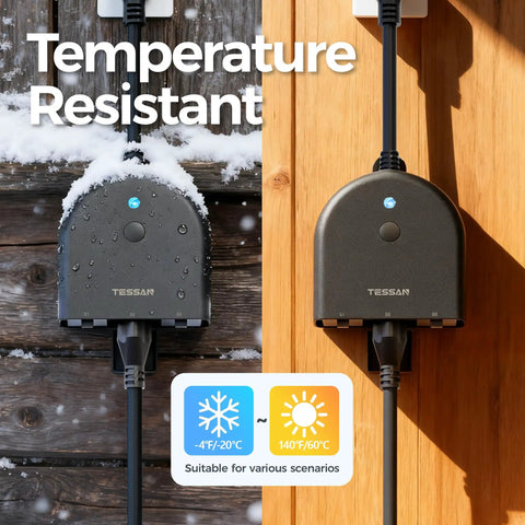 Weatherproof Outdoor Smart Plug With 2.4GHz WiFi Three Individually Controlled Sockets 15A 1875W shown in snowy and sunny conditions
