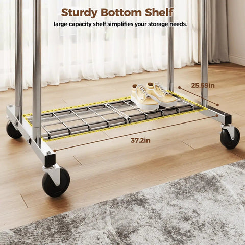 Heavy Duty Rolling Closet Rack With Bonus Shelf Space Holds Up To Seven Hundred Pounds Built Tough Steel Bar Smooth Gliding Wheels And Rock Solid Base For Home Or Boutique Silver