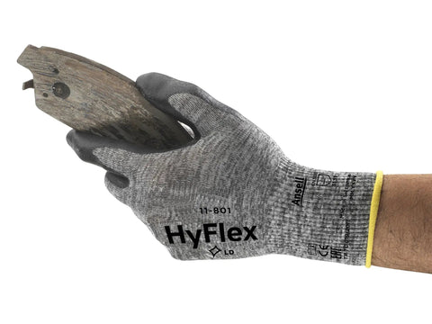 HyFlex 11-801 Nylon Glove With Black Foam Nitrile Coating And Knit Wrist Cuff, Medium Size 8, grip holding wooden tool