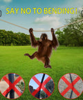 Beefy 100 Inch Outdoor String Light Poles 2 Pack holding rope with orangutan swinging, showcasing stability in garden setting.